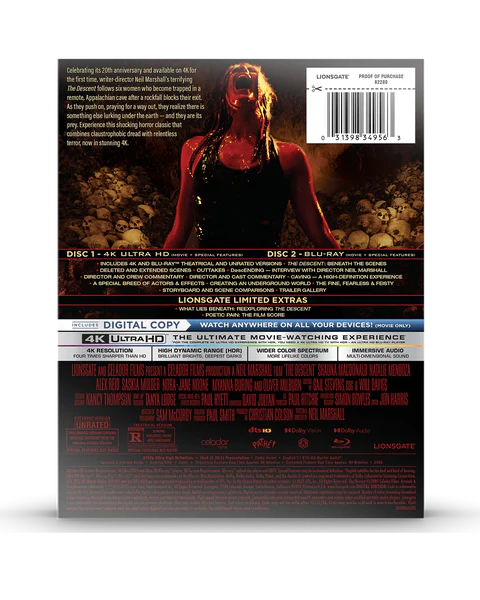 The Descent 20th Anniversary 4K Blu-ray Steelbook  (4K Ultra HD + Blu-ray + Digital) - PREORDER