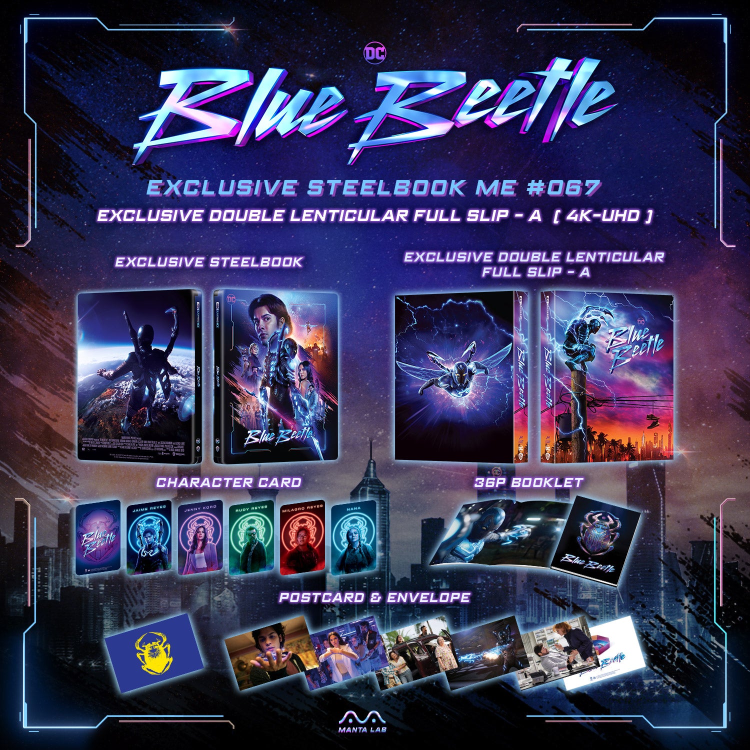 Blue Beetle 4K Blu-ray Steelbook Manta Lab Exclusive ME#67 HDN GB Précommande Double Pochette Lenticulaire A