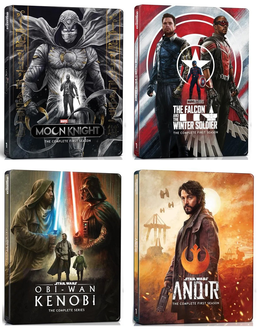 Coffret Steelbook 4K UHD Moon Knight Saison 1, The Falcon and the Winter Soldier Saison 1, Obi-Wan Kenobi Saison 1 et Andor Saison 1 - Précommande